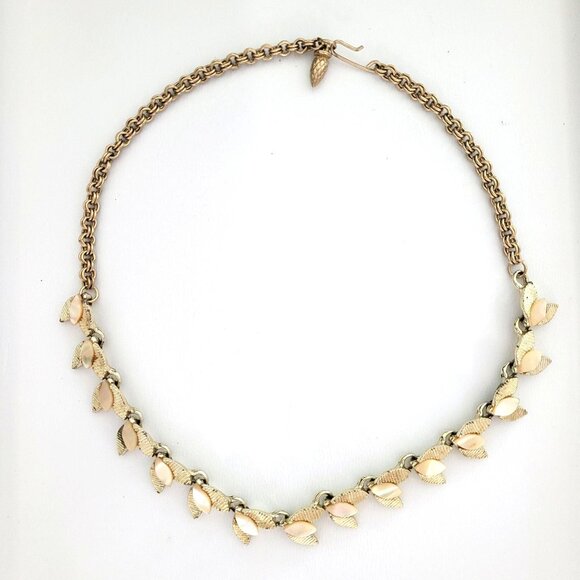 Vintage Gold-Tone Leaf Chain Necklace With Mother-Of-Pearl Accents - Picture 1 of 4